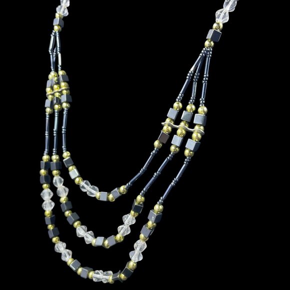 Vintage‎ Style Multi Strand Beaded Necklace Black Gold Clear Boho Layered 17.5" - Picture 5 of 6